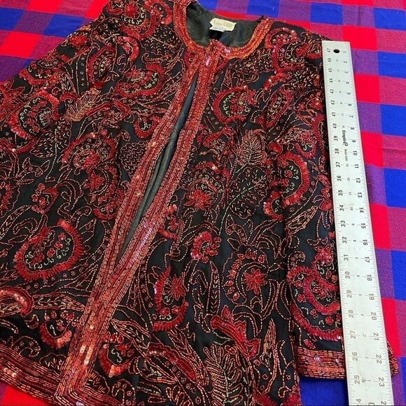 Neiman Marcus Vtg Cocktail Black Red Gold Sequin Beaded Jacket Size Large - Picture 11 of 13